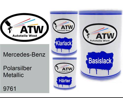 Mercedes-Benz, Polarsilber Metallic, 9761: 500ml Lackdose + 500ml Klarlack + 250ml Härter - Set, von ATW Autoteile West.